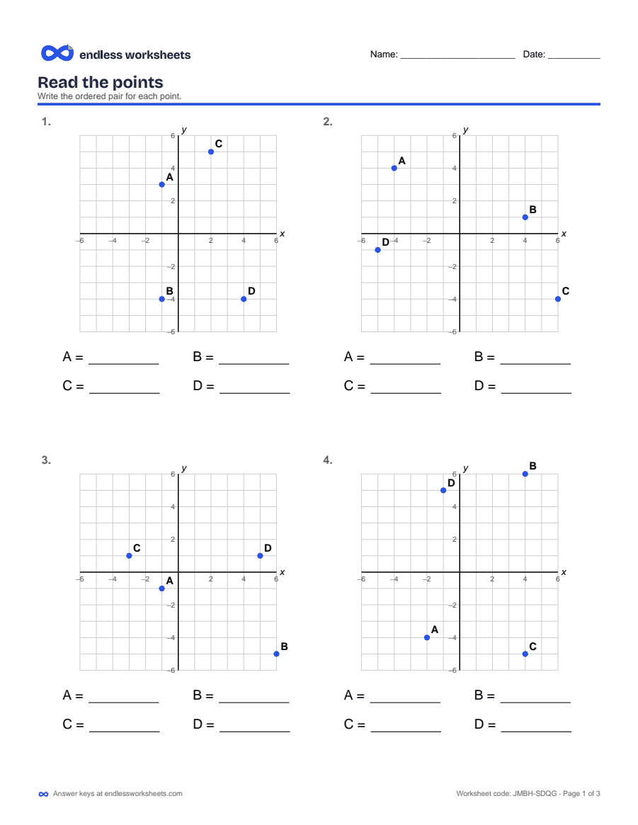 6th Grade Plotting Points in Four Quadrants Worksheets: page 1 of a free printable 6th grade math worksheet