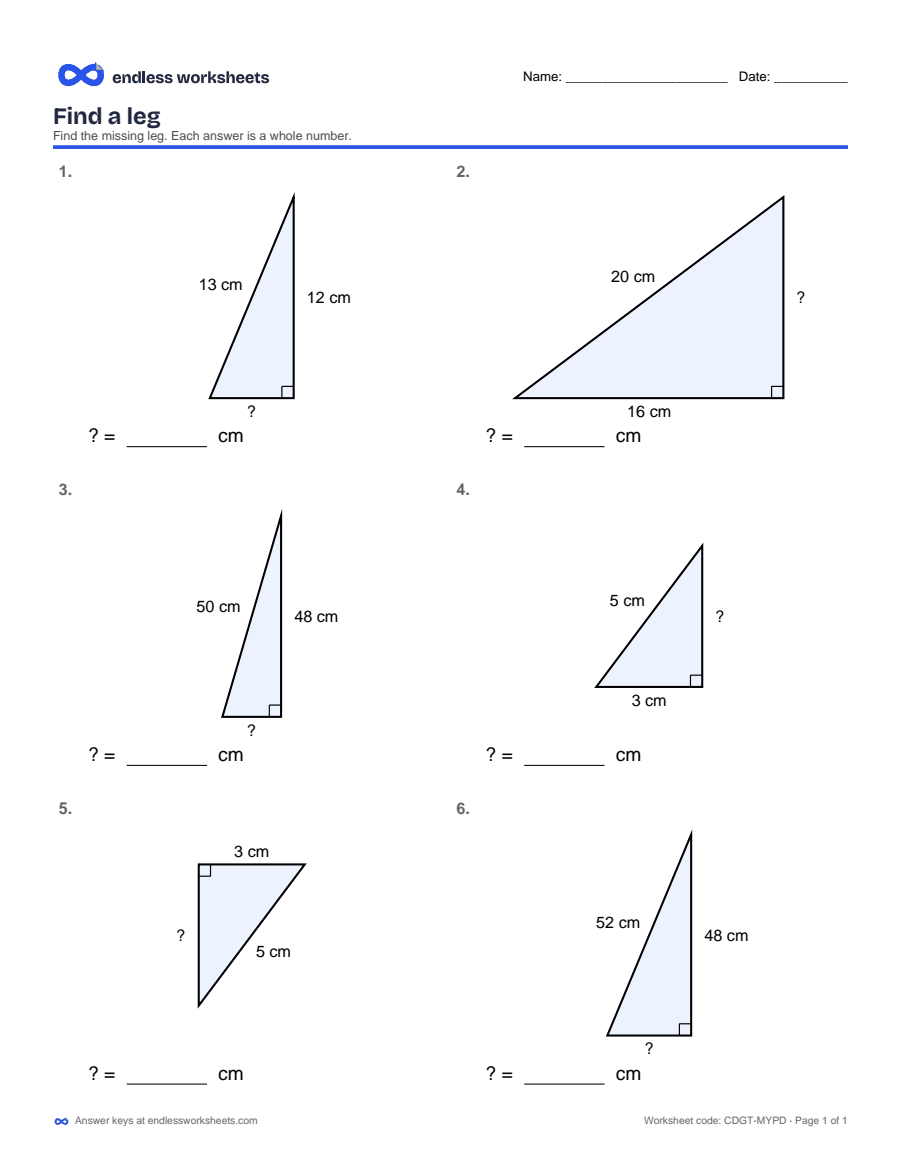 Find a leg Worksheets: page 1 of a free printable 8th grade math worksheet