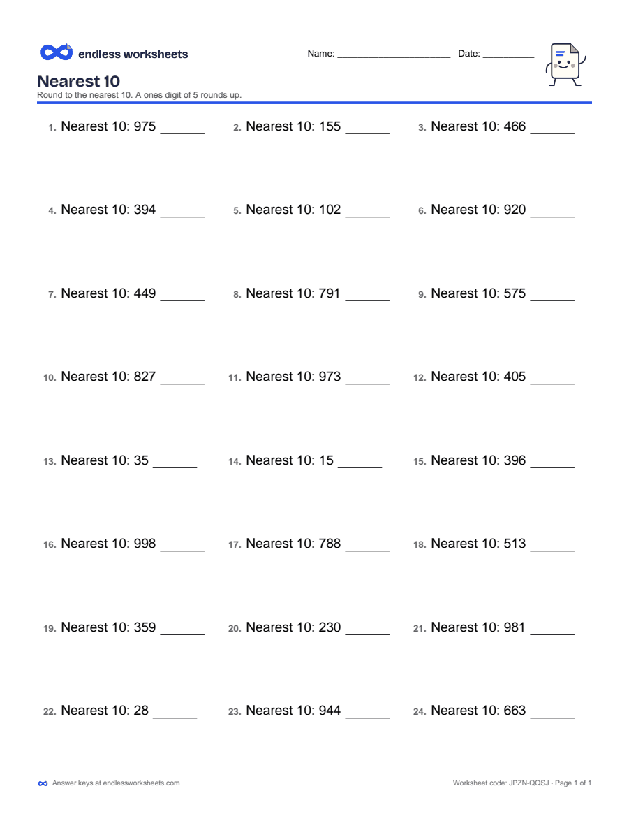 Nearest 10 Worksheets: page 1 of a free printable 3rd grade math worksheet