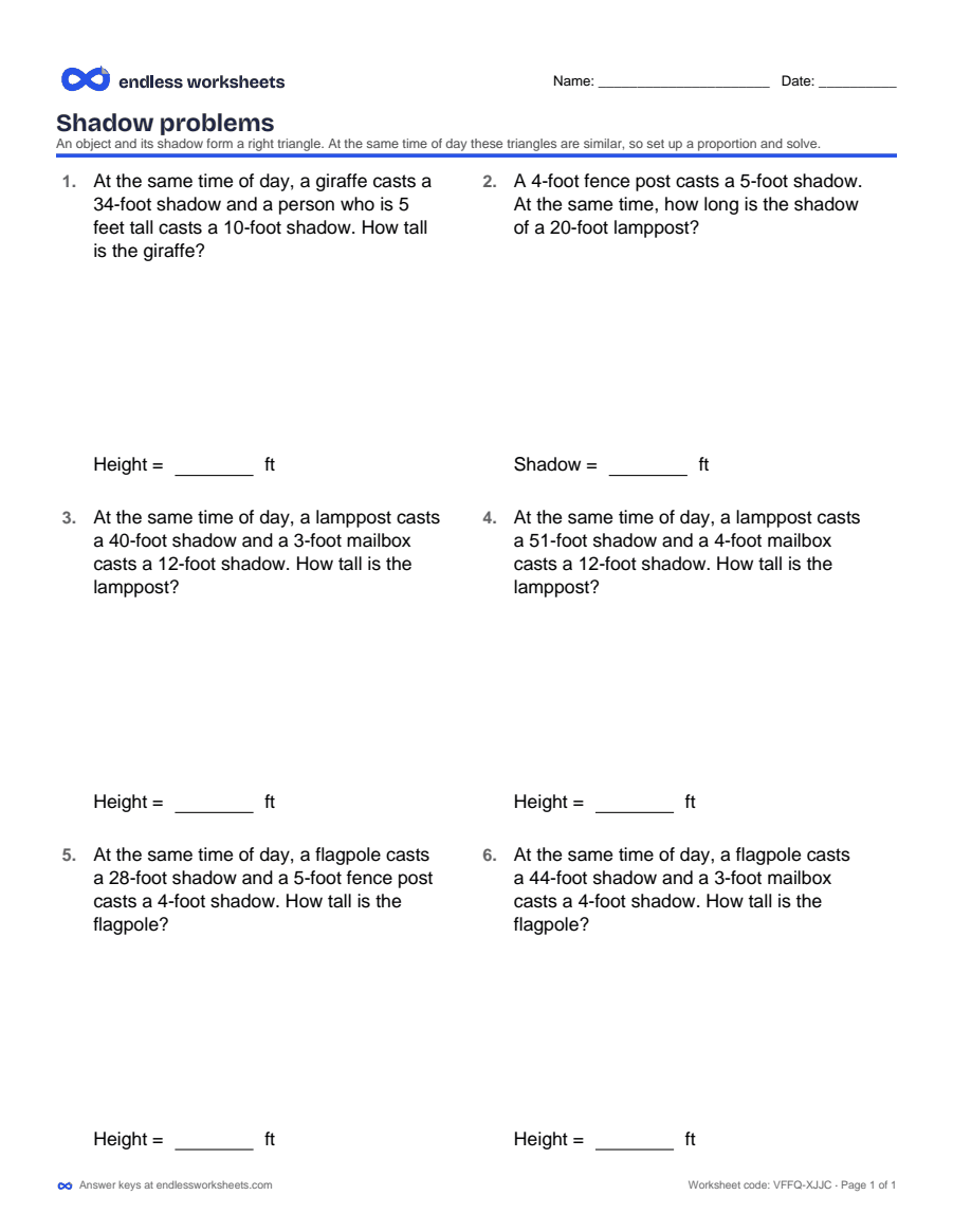 Shadow problems Worksheets: page 1 of a free printable 8th grade math worksheet