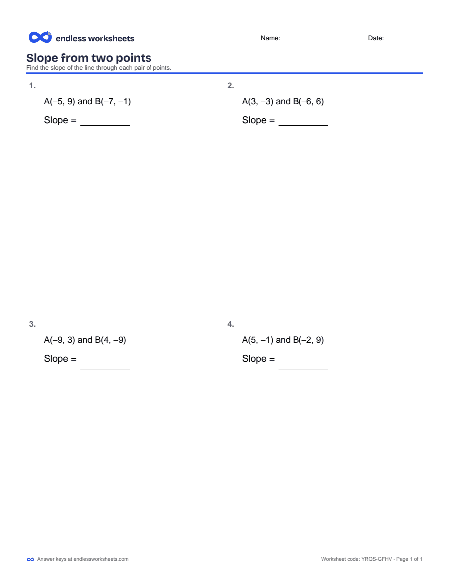 Slope from two points Worksheets: page 1 of a free printable 8th grade math worksheet