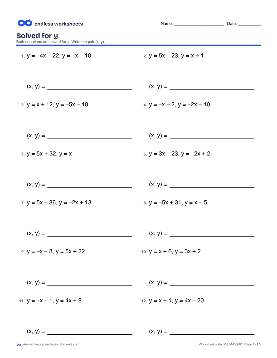 8th Grade Systems of Equations Worksheets: page 1 of a free printable 8th grade math worksheet