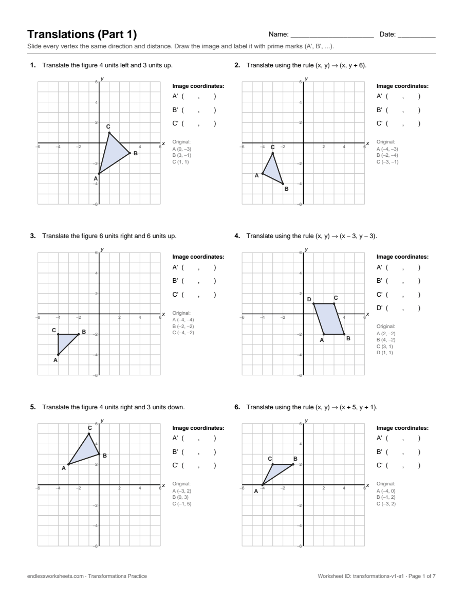 8th Grade Transformations Worksheets: page 1 of a free printable 8th grade math worksheet