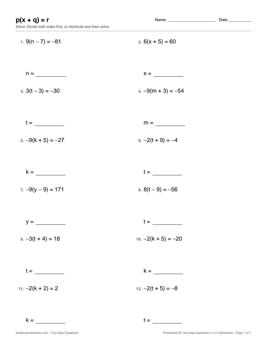p(x + q) = r Worksheets: page 1 of a free printable 7th grade math worksheet