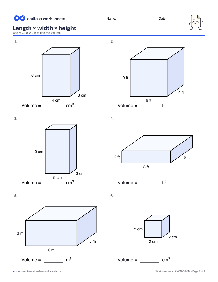 Length × width × height Worksheets: page 1 of a free printable 5th grade math worksheet