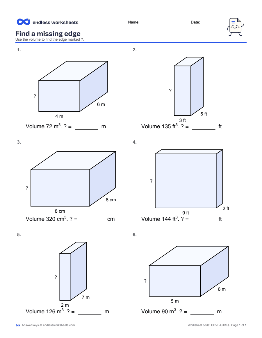Find a missing edge Worksheets: page 1 of a free printable 5th grade math worksheet